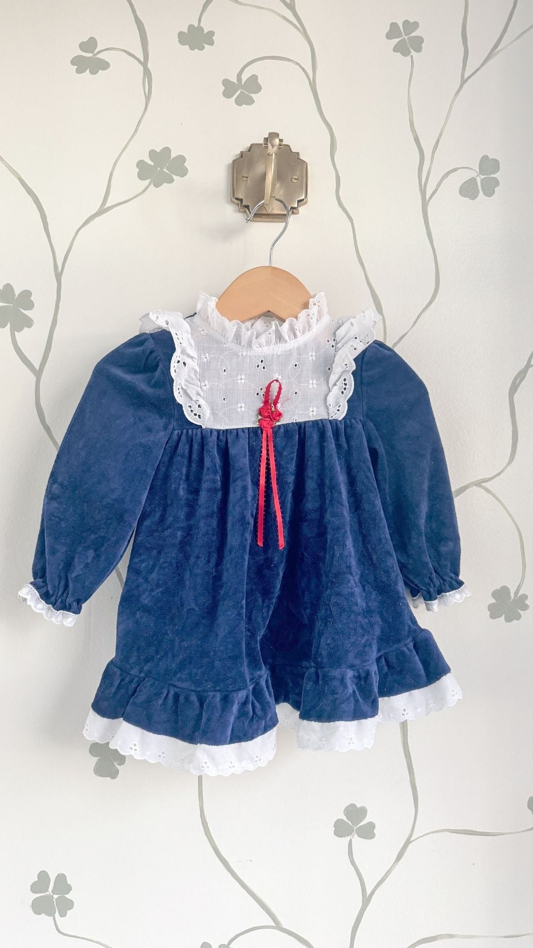 Vintage Navy Velvet Dress with Lace Collar - 24 Months
