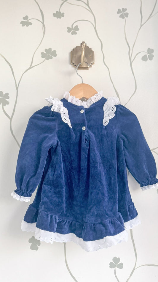 Vintage Navy Velvet Dress with Lace Collar - 24 Months