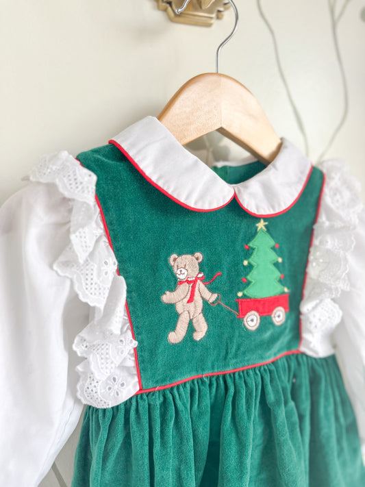 Vintage Christmas Green Cord Dress - 2/3 Years