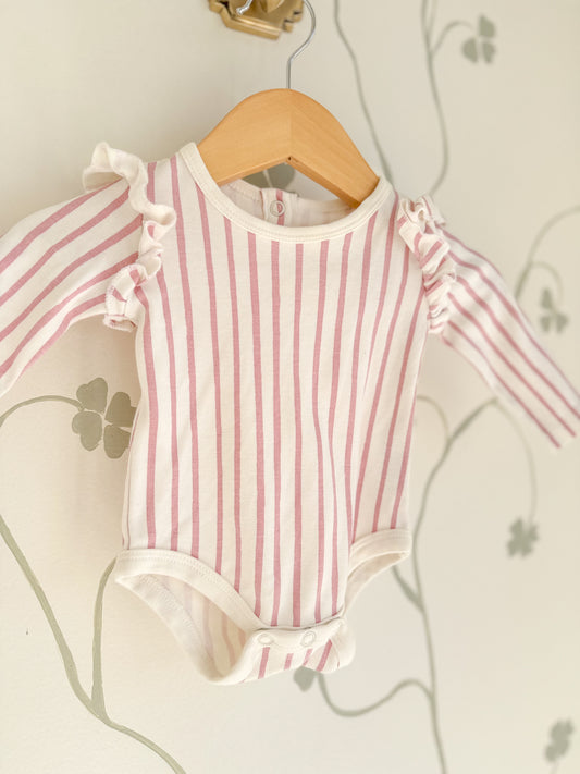 Pehr Set- Long Sleeve Ruffle One-Piece/ Pants in Pink & Cream 0-3M