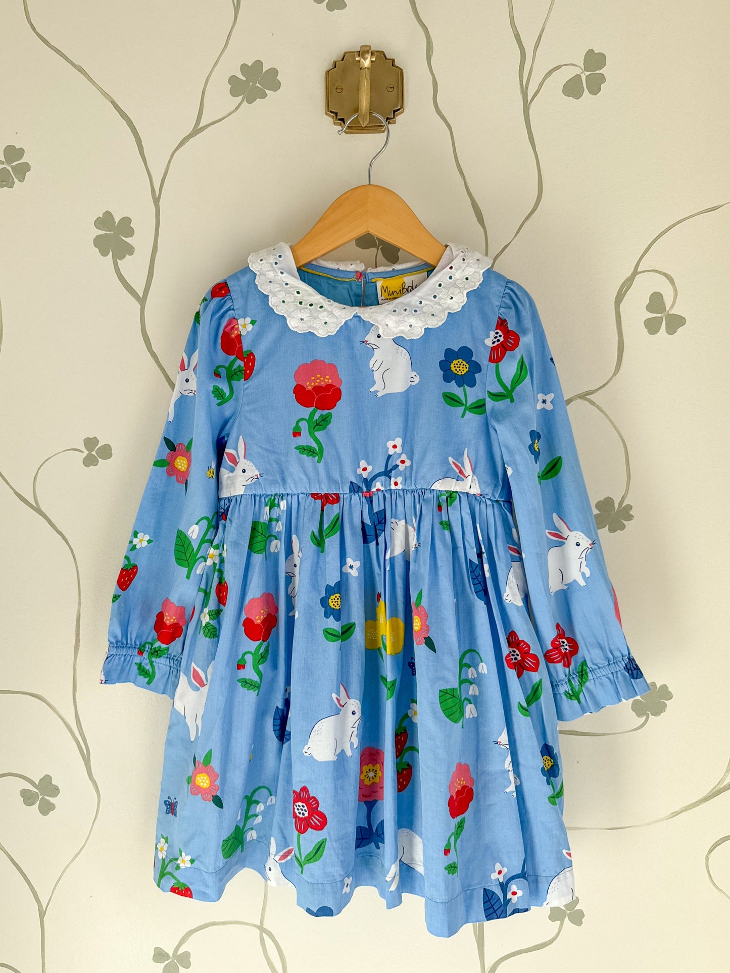 Mini Boden Blue Bunny Broderie Collared Dress - Size 6/7 Years