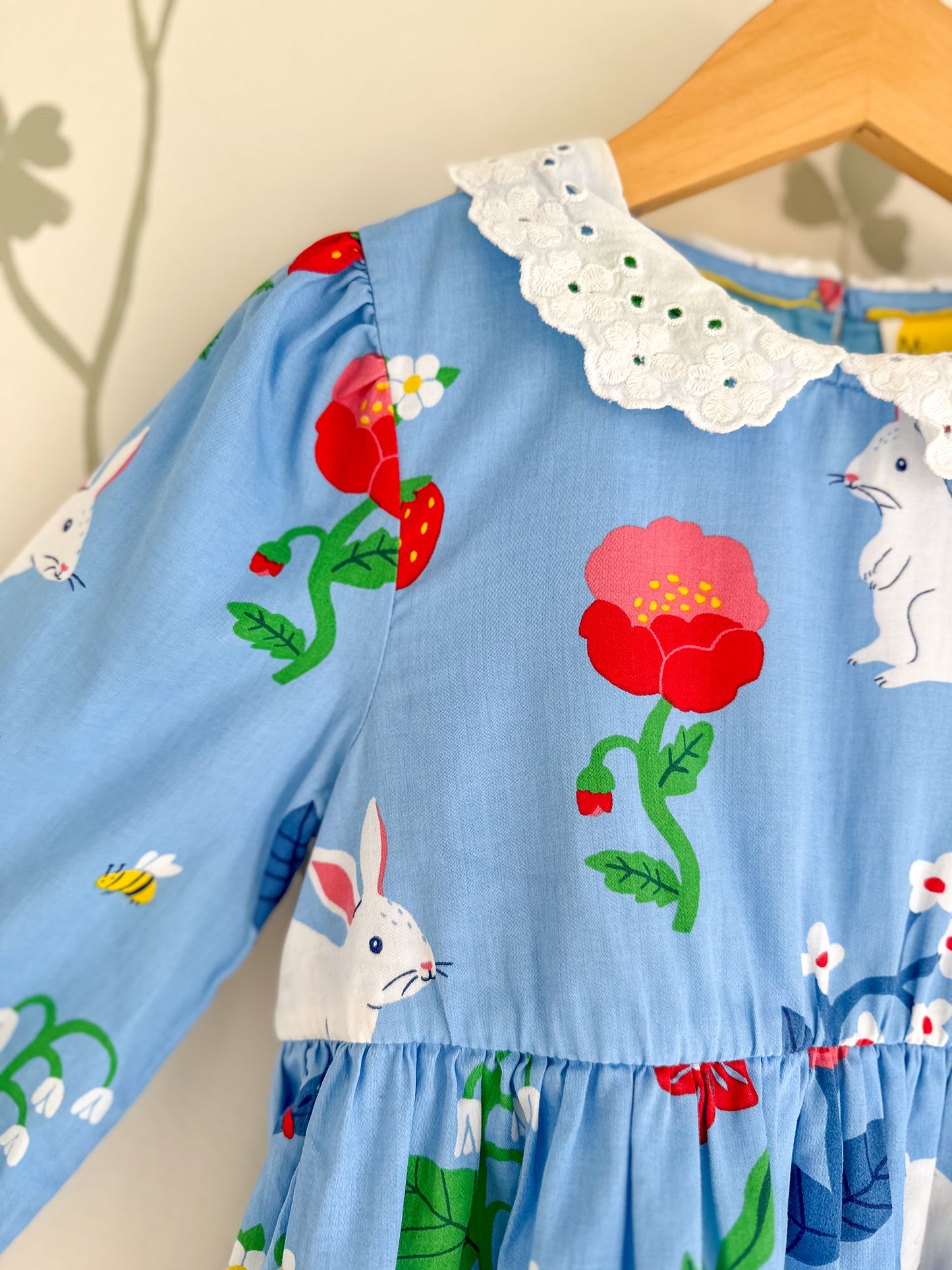 Mini Boden Blue Bunny Broderie Collared Dress - Size 6/7 Years