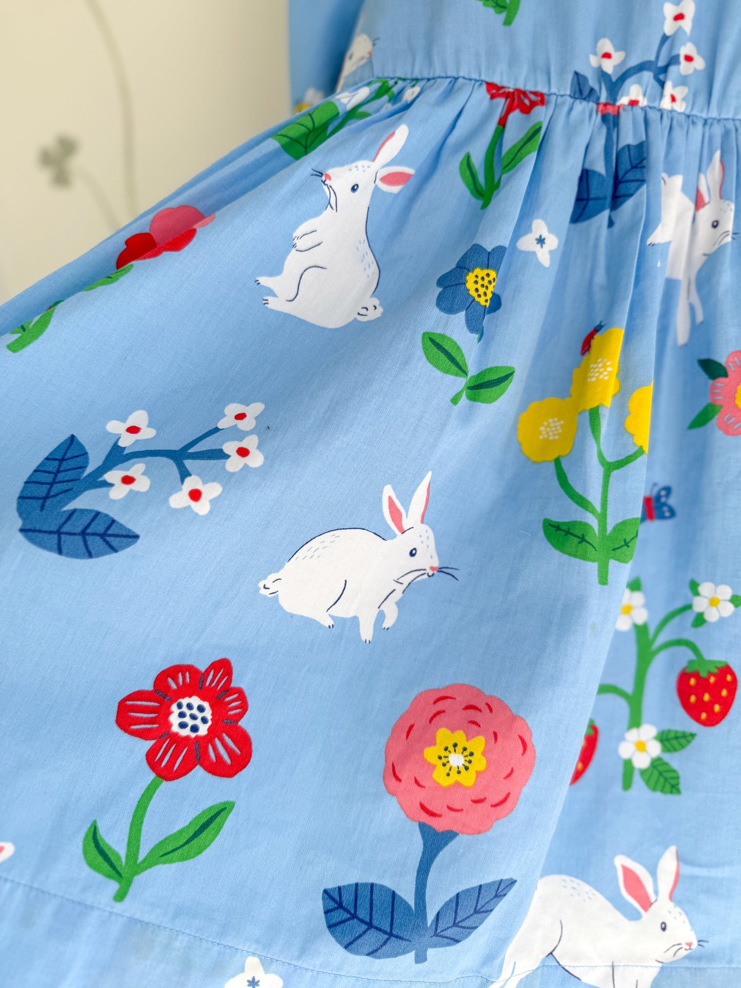 Mini Boden Blue Bunny Broderie Collared Dress - Size 6/7 Years