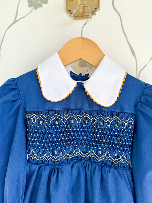 Vintage Polly Flinders Smocked Navy Dress - 3 years