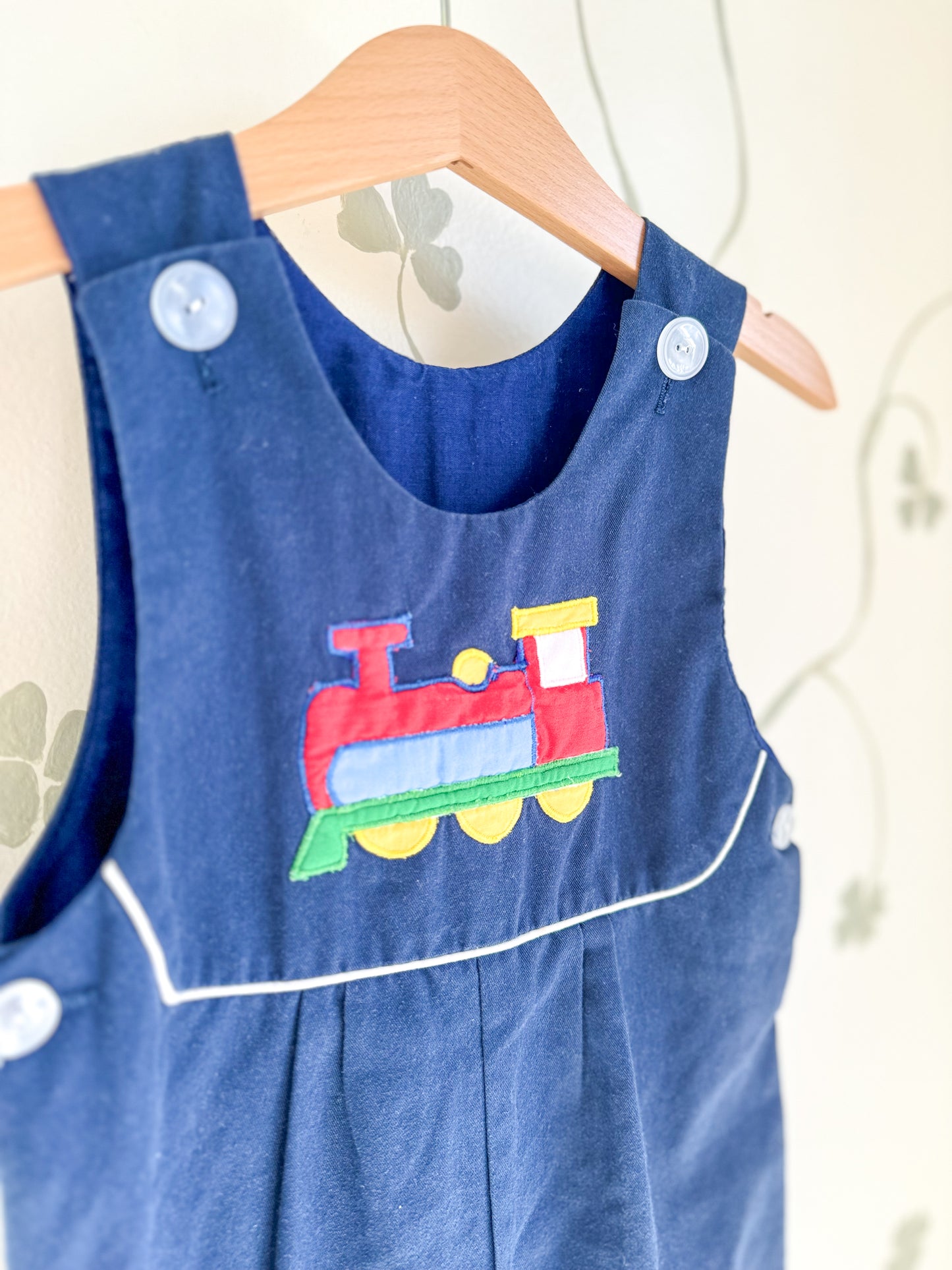 Vintage Train Appliqué Navy Romper - 12/18 Months