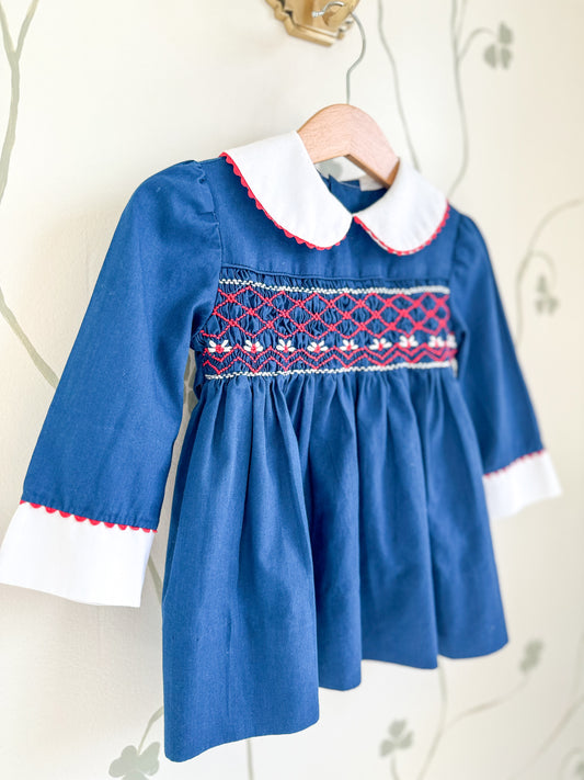 Vintage Polly Flinders Smocked Navy Dress - 2 Years
