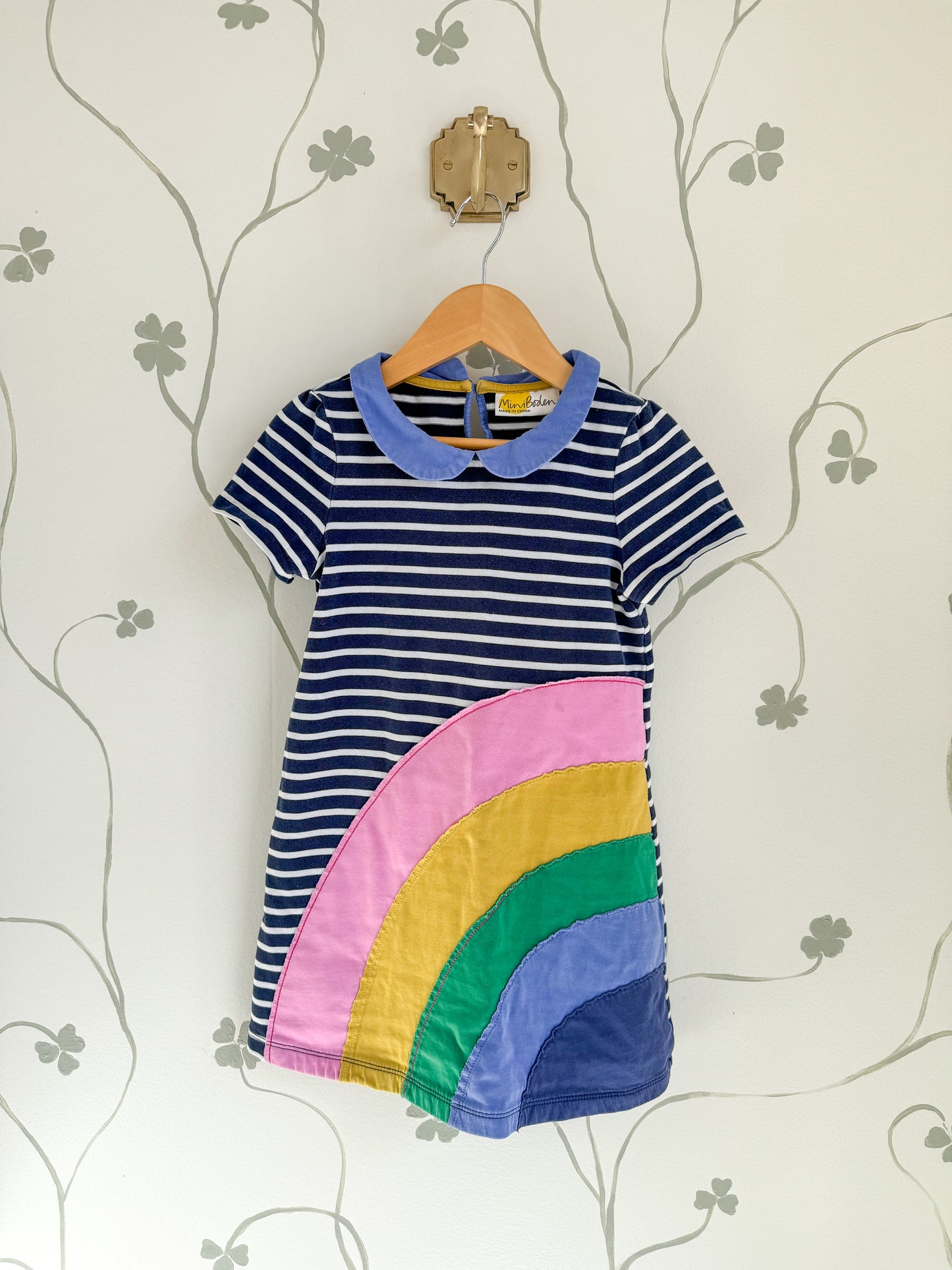 Mini Boden Rainbow Appliqué Stripe Peter Pan Collar - 4/5 Years
