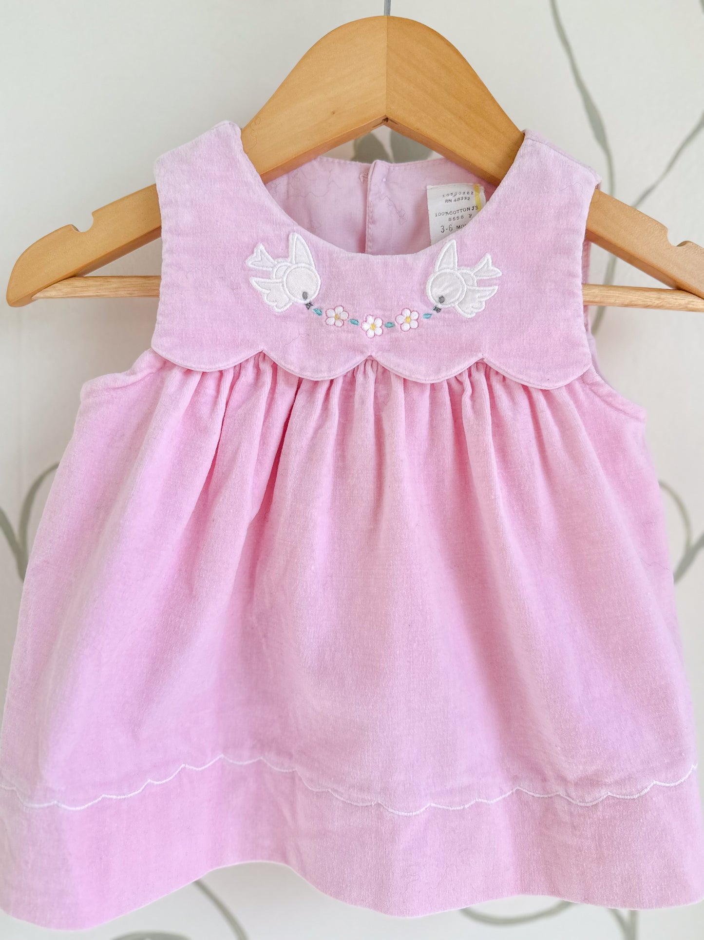 Vintage Pink Velvet Scalloped Bird Dress - 3-6M