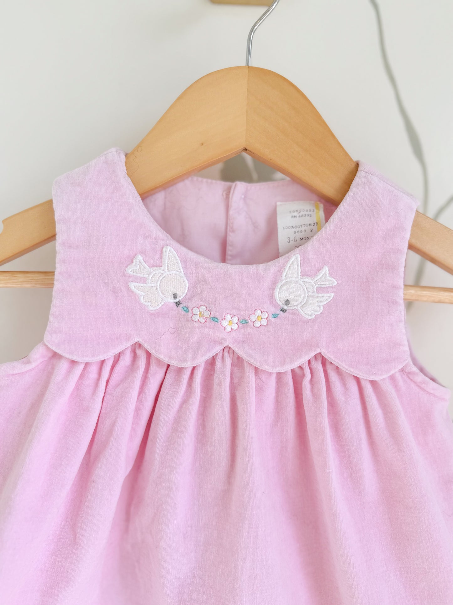 Vintage Pink Velvet Scalloped Bird Dress - 3-6M