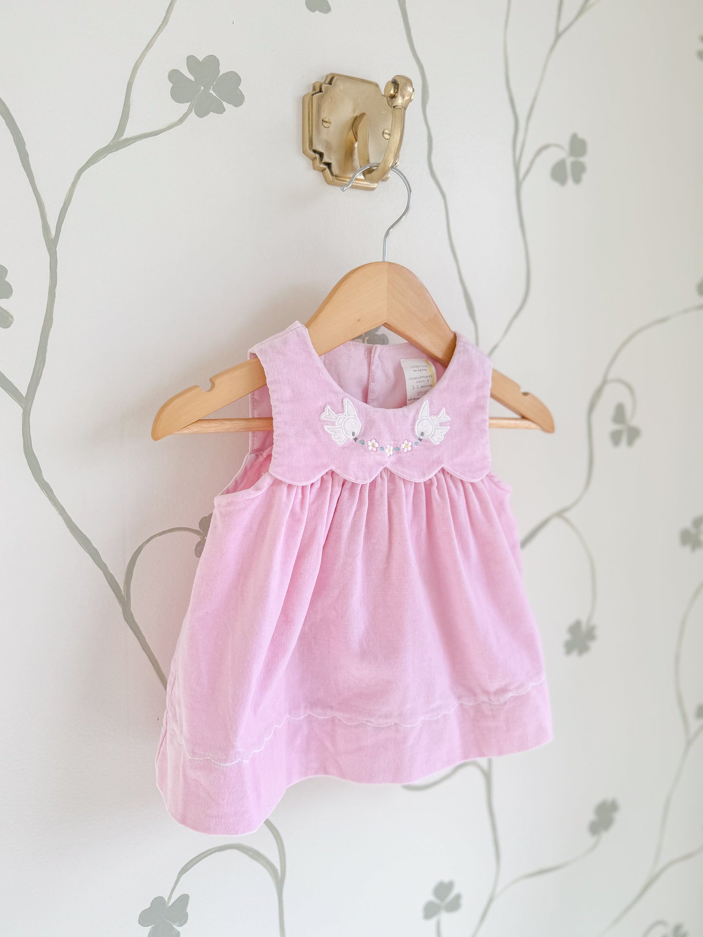 Vintage Pink Velvet Scalloped Bird Dress - 3-6M