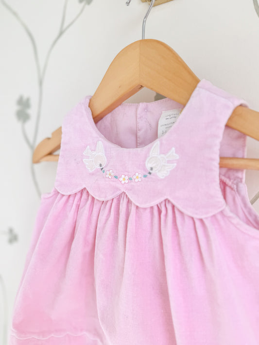 Vintage Pink Velvet Scalloped Bird Dress - 3-6M