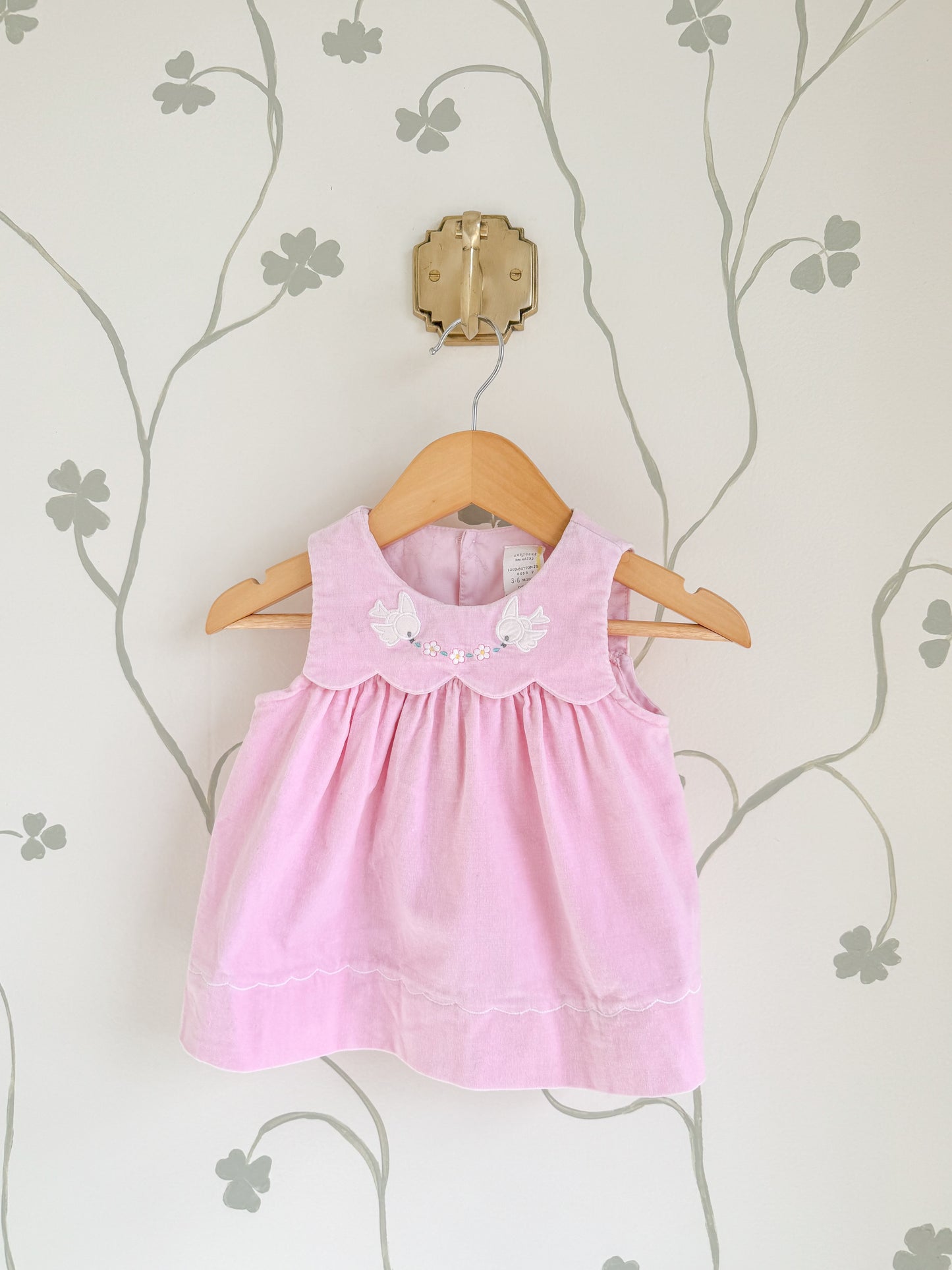 Vintage Pink Velvet Scalloped Bird Dress - 3-6M