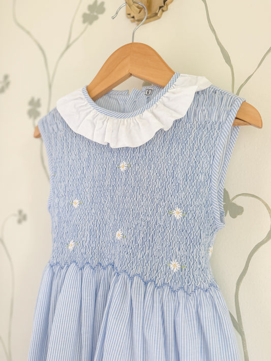 Vintage Blue Seersucker Smocked Sleeveless dress - Size 6
