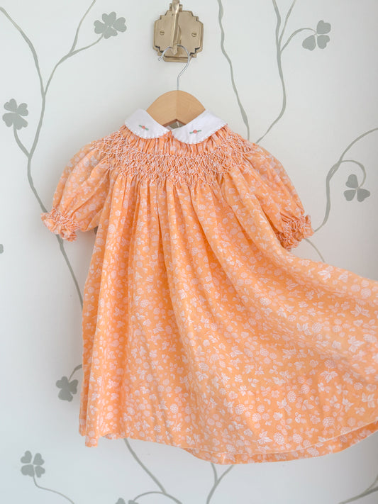 Vintage Hand-Smocked Orange Floral Dress – 1-2 Years
