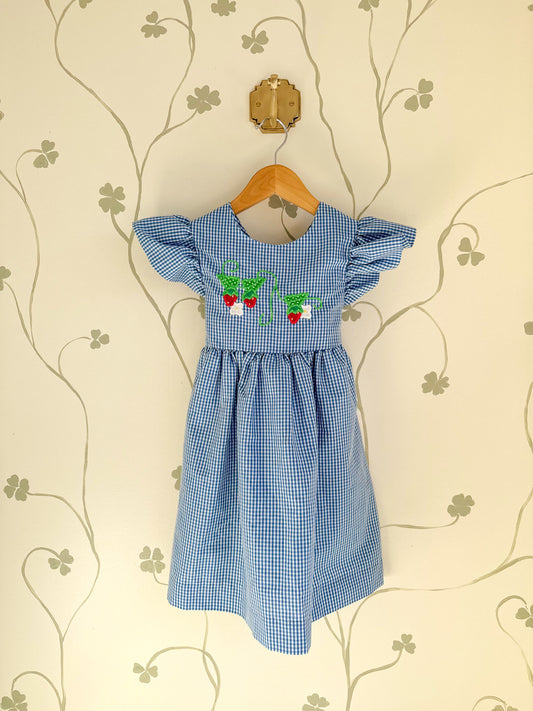 Vintage Blue Gingham Embroidered Strawberry Dress - 5 Years