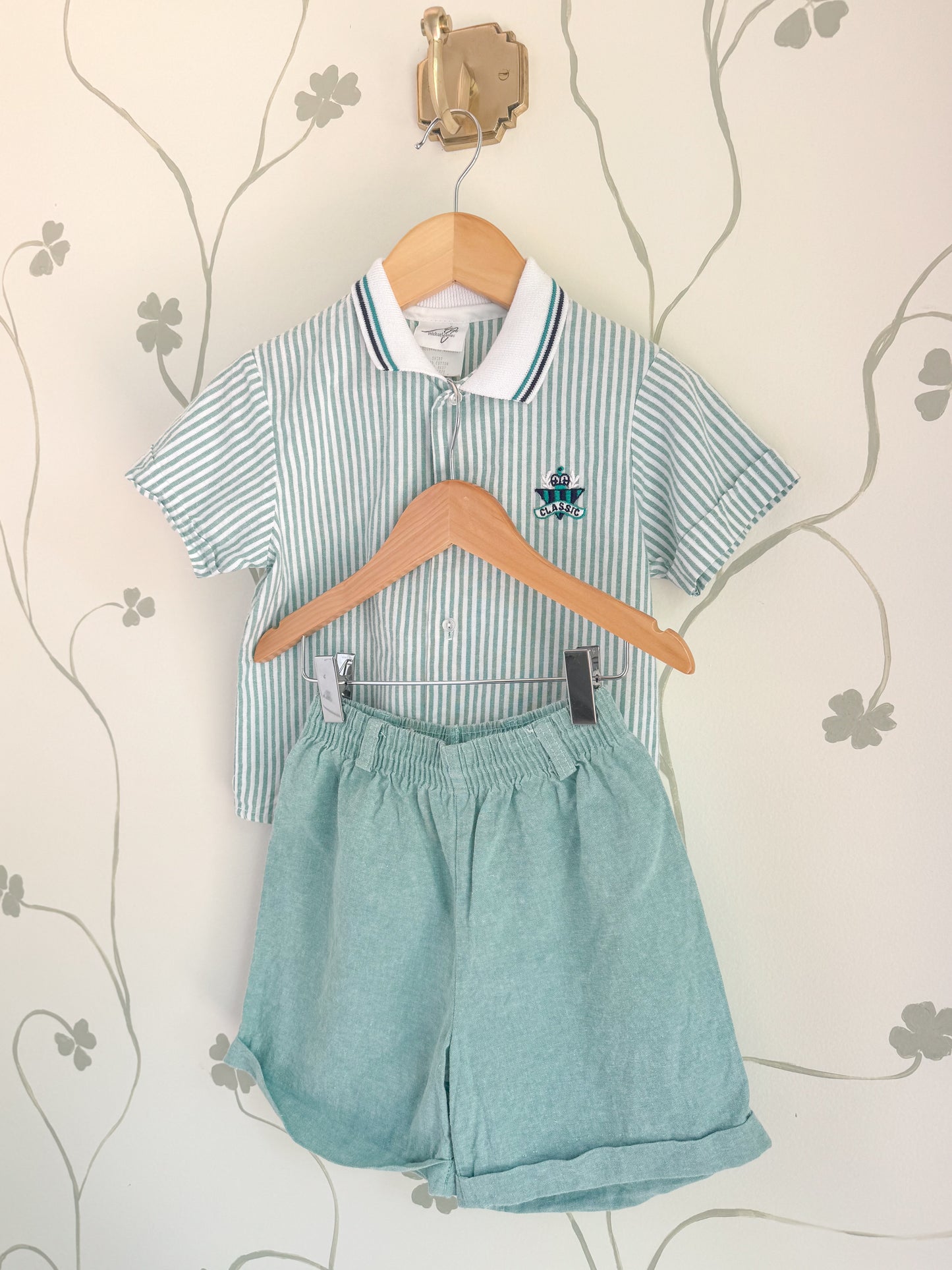 Vintage Green Striped Polo Two-Piece Set - 4/5 Years