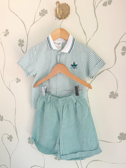Vintage Green Striped Polo Two-Piece Set - 4/5 Years
