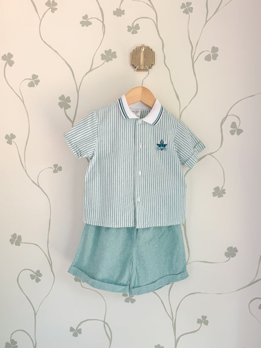Vintage Green Striped Polo Two-Piece Set - 4/5 Years