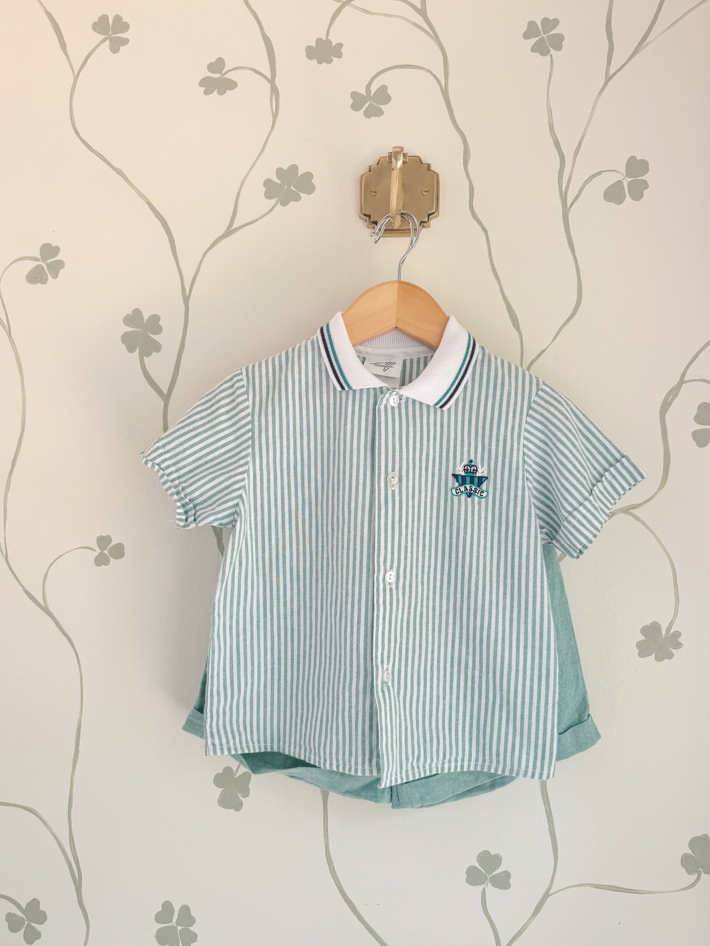 Vintage Green Striped Polo Two-Piece Set - 4/5 Years